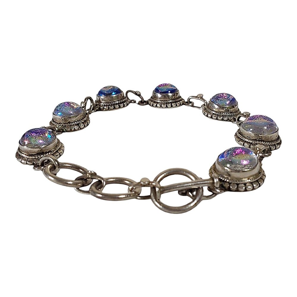 Artisan 7" Toggle Bracelet Dichroic Glass 925 Sterling Silver Purple Iridescent - Picture 3 of 7